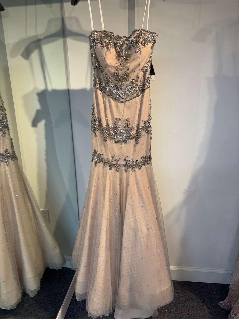 Terani Couture 3438 Silver Nude Embellished Strapless Evening Gown